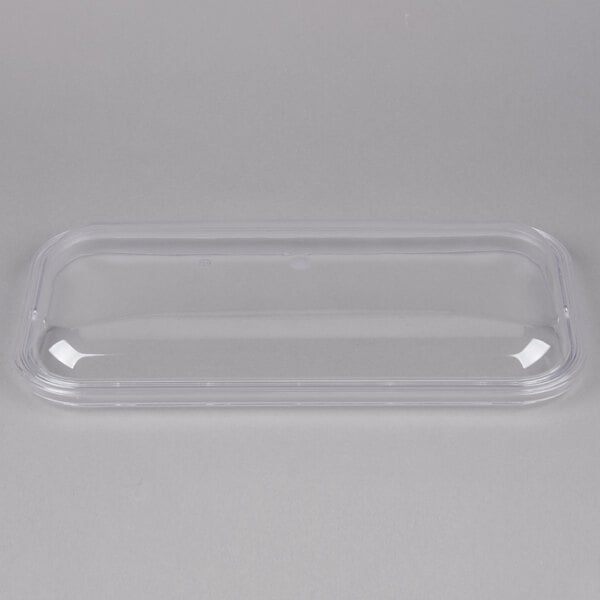 A clear plastic lid for a Grindmaster Cecilware refrigerated beverage dispenser bowl.