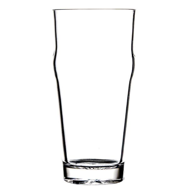 A clear Thunder Group plastic English pub glass with a curved edge.