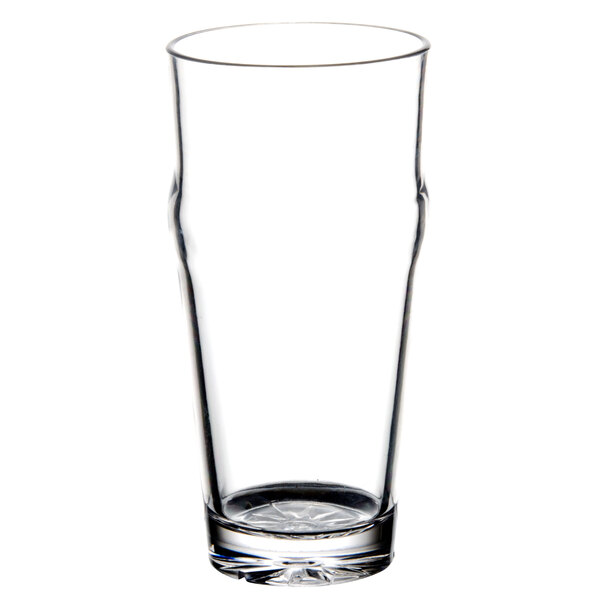 A close-up of a clear plastic Thunder Group English Pub glass with a curved rim.