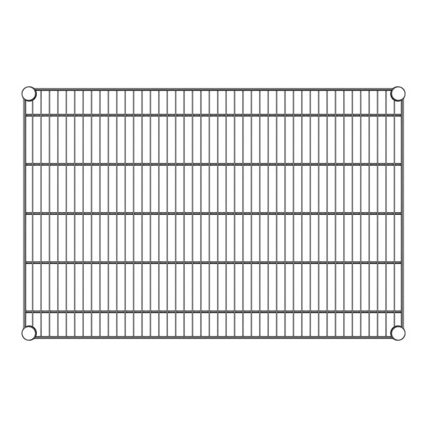 A close-up of a black Regency wire shelf with a grid pattern.