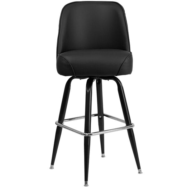 A Flash Furniture black metal bar stool with a black padded swivel seat and chrome legs.