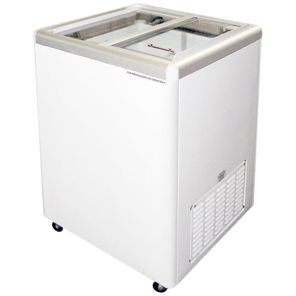 A white rectangular Excellence EURO-5HC glass top display freezer.