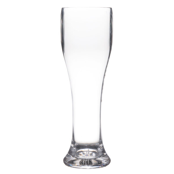 A close-up of a clear Thunder Group plastic pilsner glass with a clear bottom.