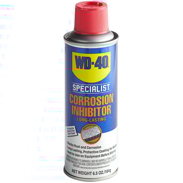 A blue metal can of WD-40 Long-Term Corrosion Inhibitor with yellow and red text.