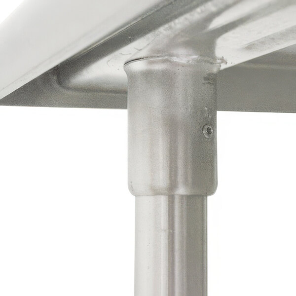 A close-up of a stainless steel table top with a backsplash.