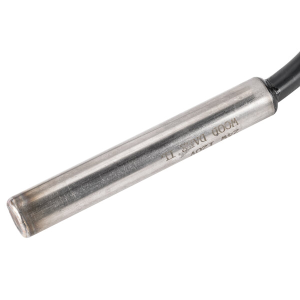 A metal tube with a silver end and black cord.