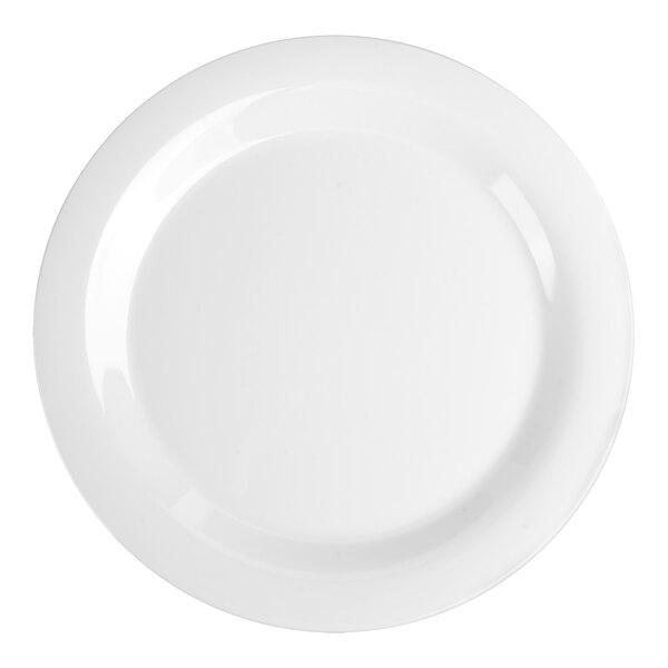 A close-up of a white Carlisle melamine plate with a plain white border.