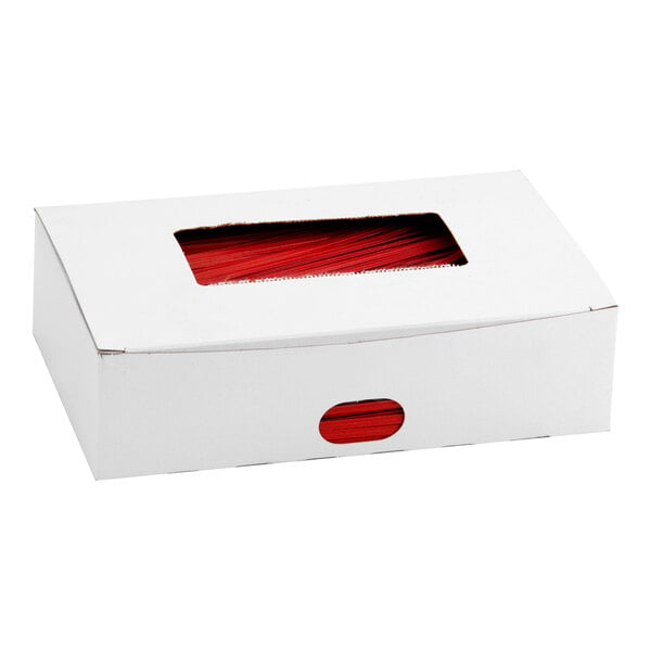 A white rectangular box with a cutout window revealing red items inside, likely ties or strips.