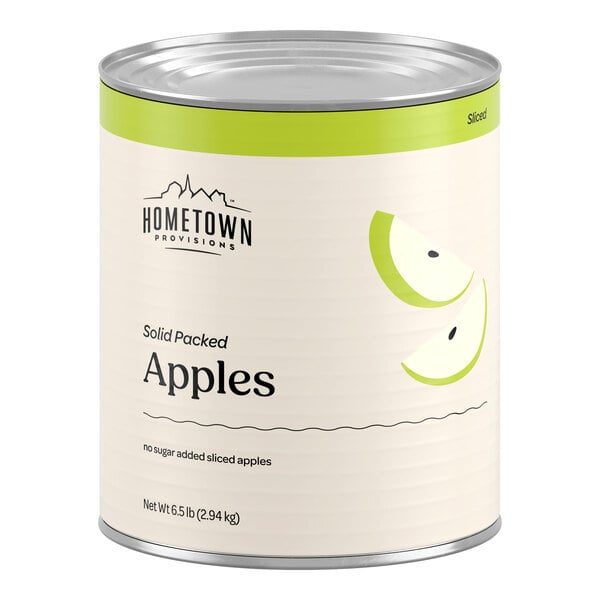 A large can with a green and white label featuring illustrations of apple slices and text indicating it contains solid packed sliced apples.