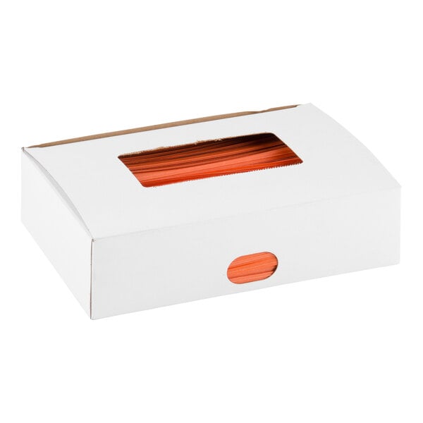 A white rectangular box with a transparent window showing orange paper ties inside.