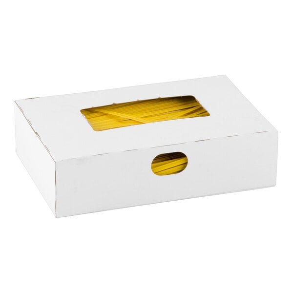 A white rectangular box with a transparent window on top, showing yellow strips inside.