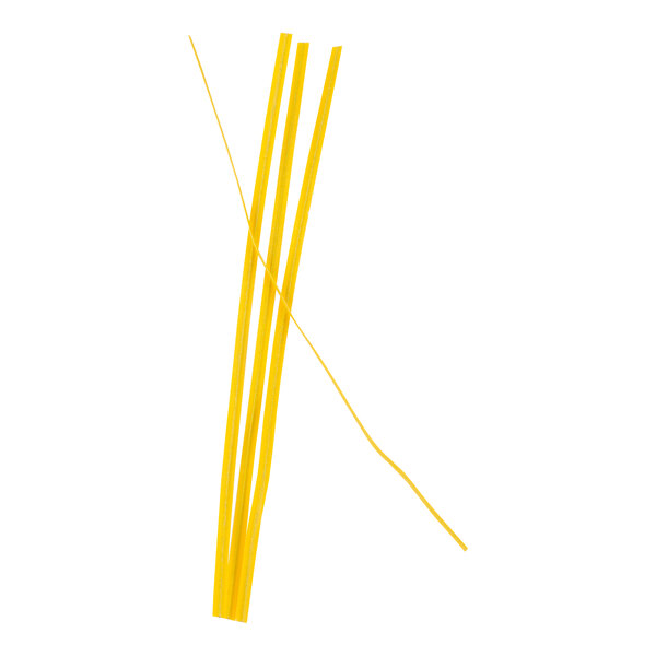 Several yellow twist ties are arranged on a white background.