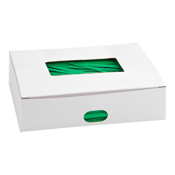 A white rectangular box with a clear window on top, showing green strips inside.