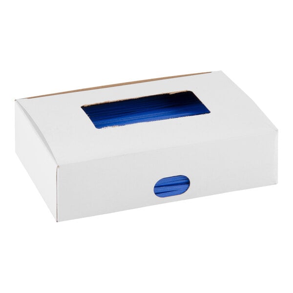 A white rectangular box with a window revealing blue items inside, likely ties or strips.