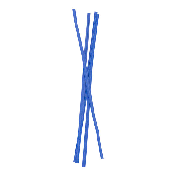 Four blue, flexible, stick-like objects with a laminated appearance are crossed and arranged vertically on a white background.