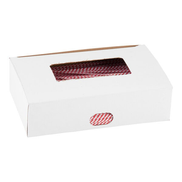 A white rectangular box with a clear window on top, showing red and white striped ties inside.