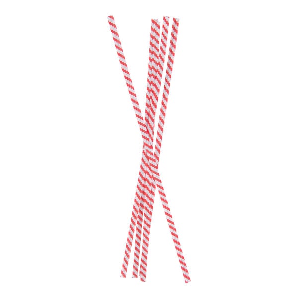 Four red and white striped paper bag ties arranged in an X shape on a white background.