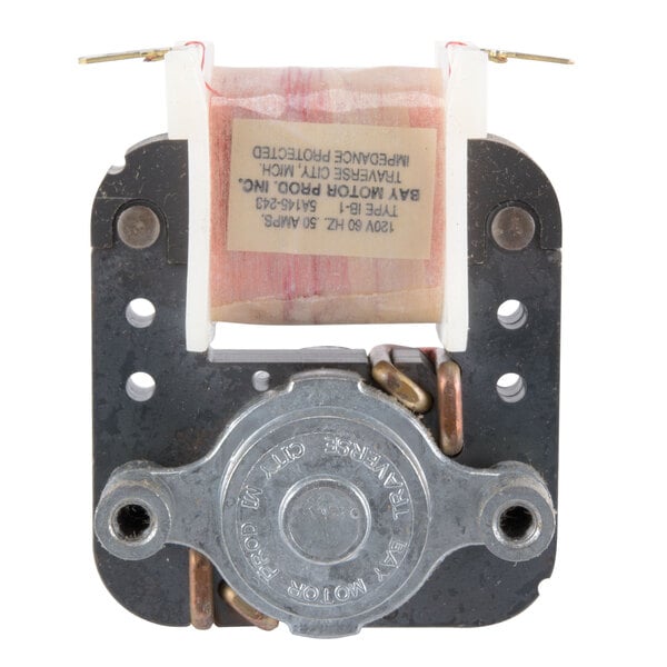 An Evaporator Fan Motor with a metal cover and a wire.