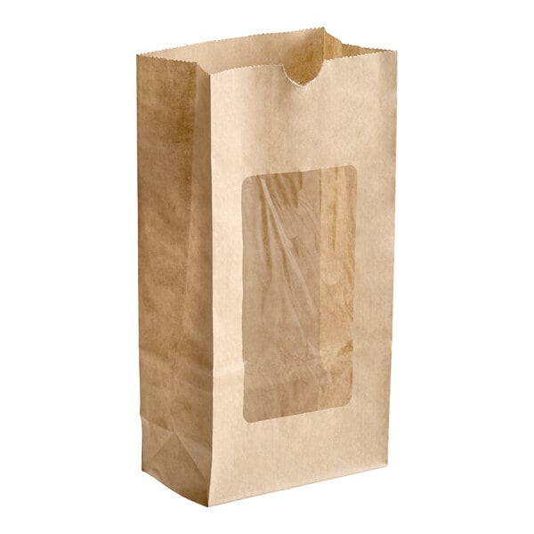 A brown kraft paper bag with a clear polyethylene window on the front.