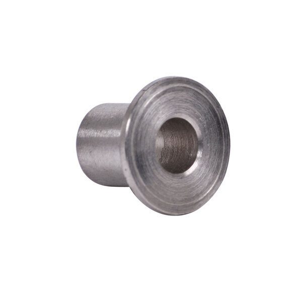 A close-up of a Star Idler Bushing, a metal cylinder with a circular hole in the end.