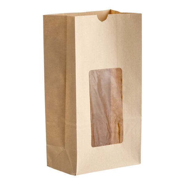 A brown kraft paper bag with a clear window on the front.