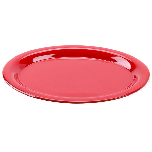 A red oval platter with a white background.