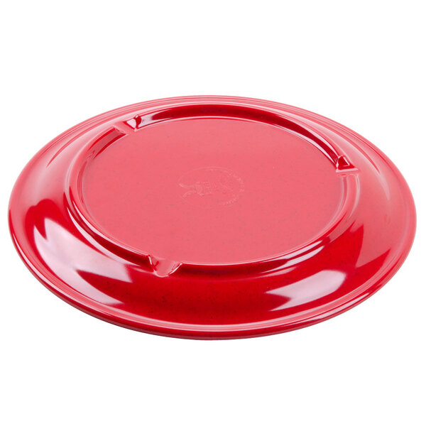A red plate with a narrow rim.