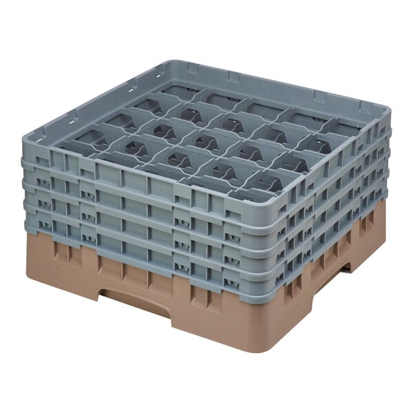 A beige plastic Cambro glass rack with 25 compartments.