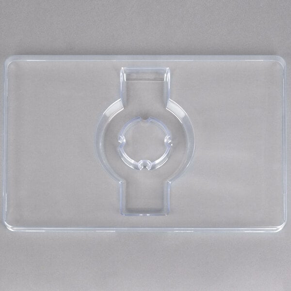 A clear plastic lid with a circle in the middle for a Winholt Triple Ingredient Bin.