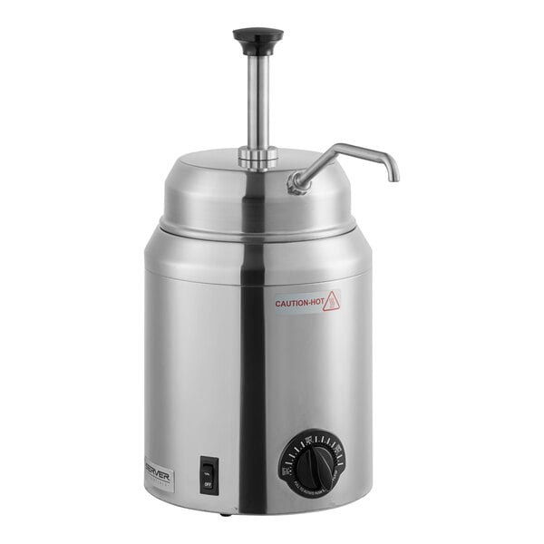 A stainless steel topping warmer and pump dispenser with a temperature control dial and an on/off switch.