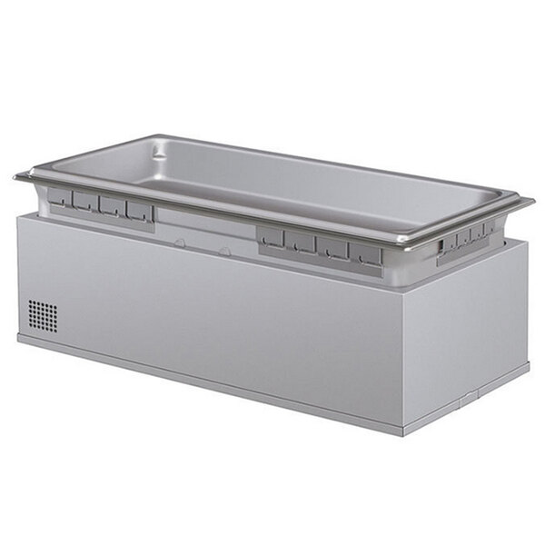 A Hatco drop-in hot food well with a metal lid over a large rectangular container.