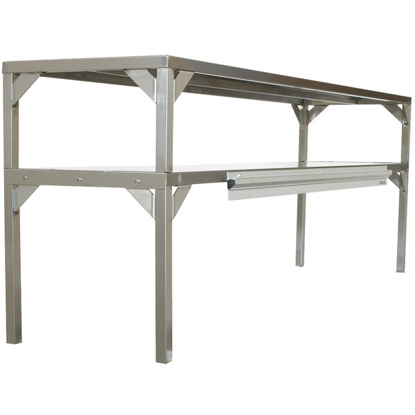 A Delfield stainless steel table with two shelves.