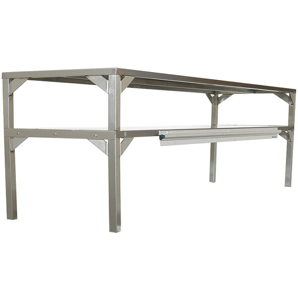 A Delfield stainless steel double overshelf on a metal table.