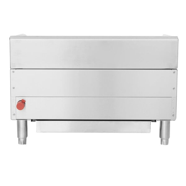 A stainless steel Cooking Performance Group gas countertop radiant charbroiler with red handles.