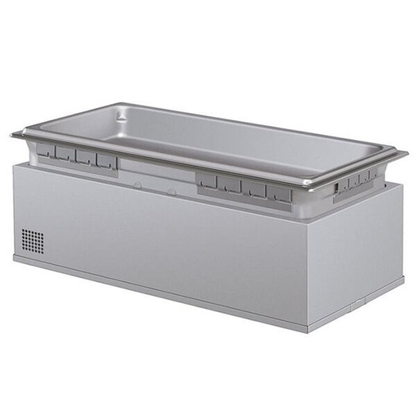 A large metal rectangular drop-in hot food well with a lid.