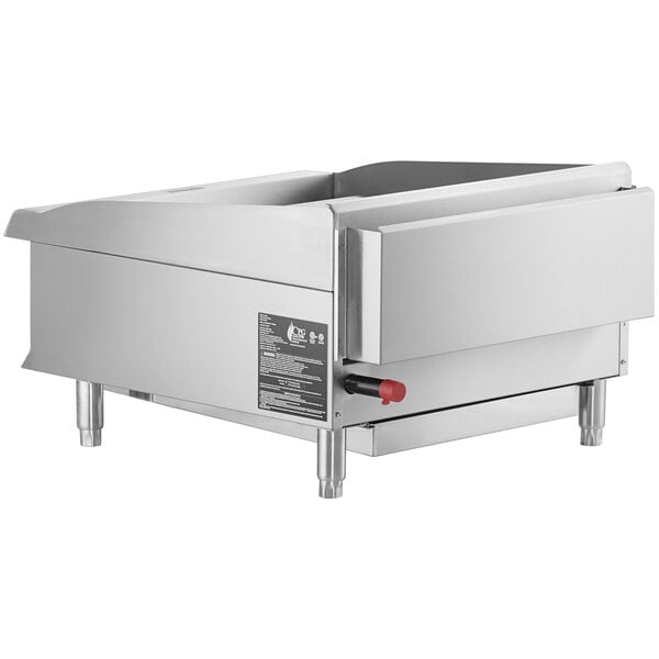 A Cooking Performance Group stainless steel gas countertop griddle with thermostatic controls.