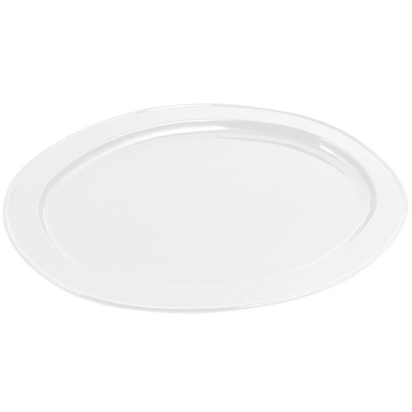 A white Bon Chef cast aluminum oval platter with a small rim.