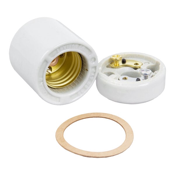 A white ceramic light bulb socket with a separate base and a circular gasket, shown disassembled.