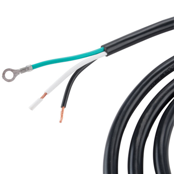 A close-up of a white cable with a black and white wire.