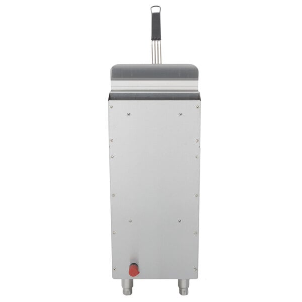 A white rectangular stainless steel Cooking Performance Group countertop fryer with a red button.