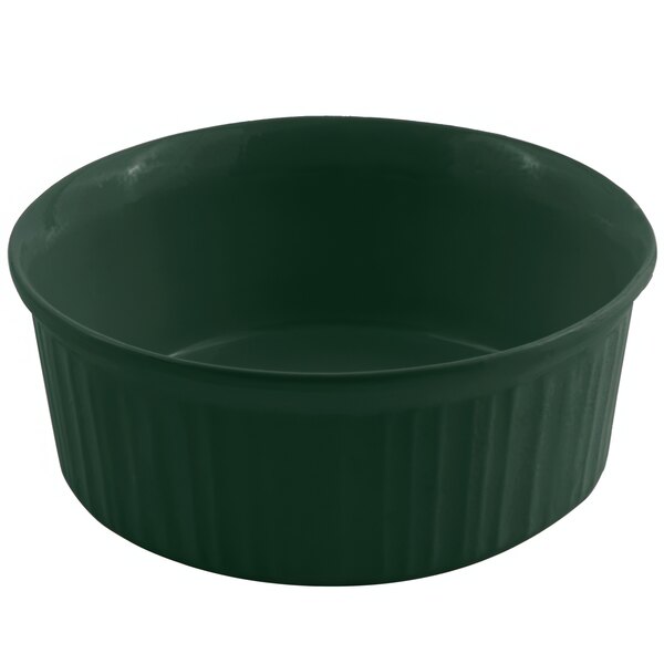 A hunter green Bon Chef round casserole dish with a lid.