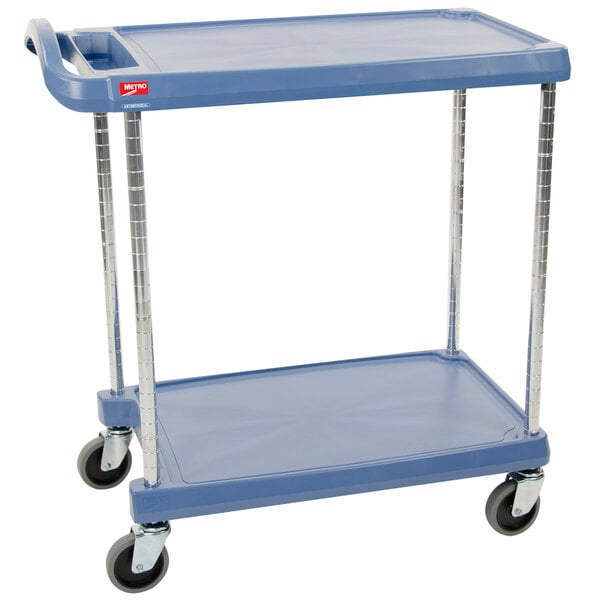 A blue Metro utility cart with black wheels.