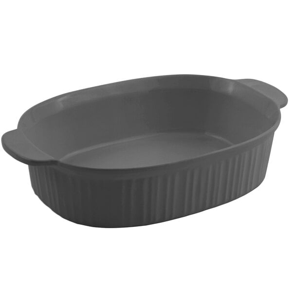 A grey Bon Chef oval casserole dish with a lid.