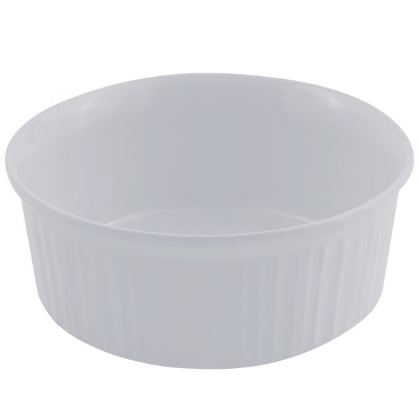 A Bon Chef pewter-glo casserole dish with a lid on a white background.