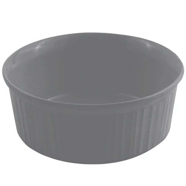 A smoke gray Bon Chef casserole dish with a lid.