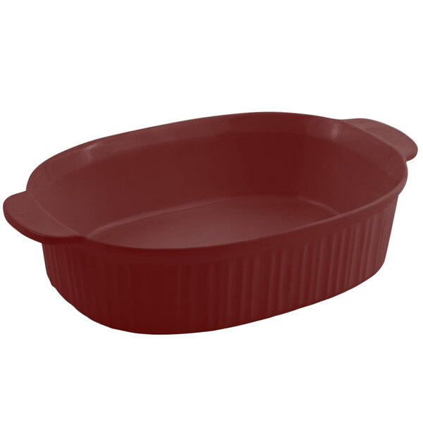 A red oval Bon Chef casserole dish.