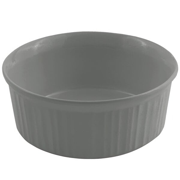 A Bon Chef platinum gray round casserole dish with a ribbed lid.