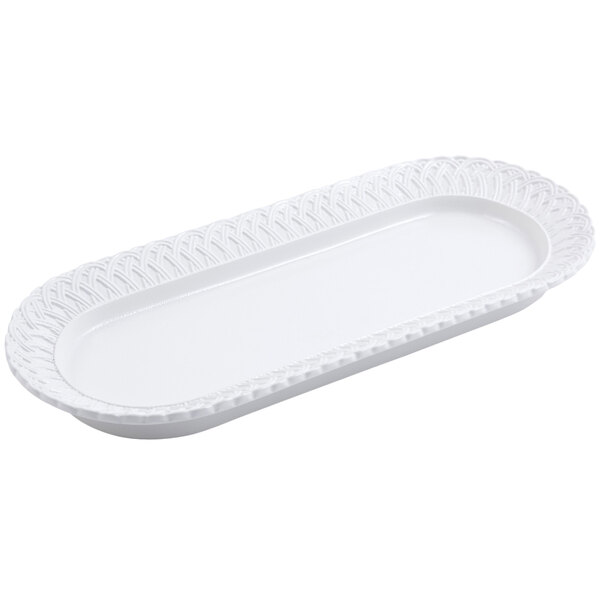 A white oval Bon Chef cast aluminum fish platter with a trellis design.