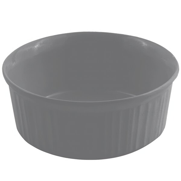 A smoke gray Bon Chef round casserole dish with a lid.