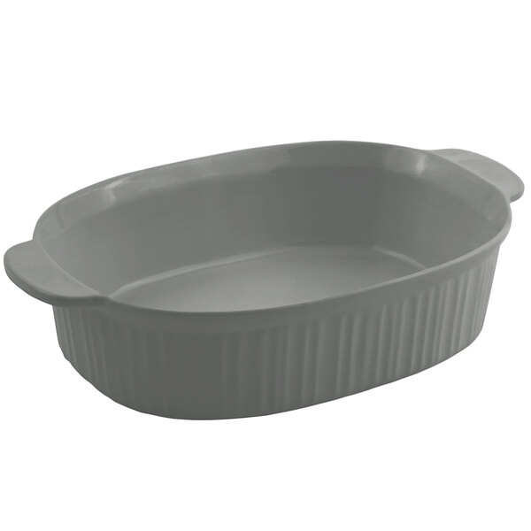 A grey oval Bon Chef casserole dish with a lid.